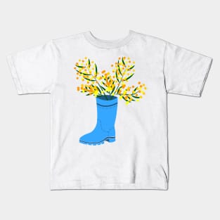 Rubber boots Wellies blue Wellington boots and mimosa flower Kids T-Shirt